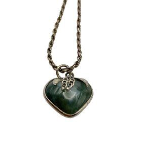 Vintage Green Heart Agate Pendant & Italian Sterling Silver Rope Chain Necklace